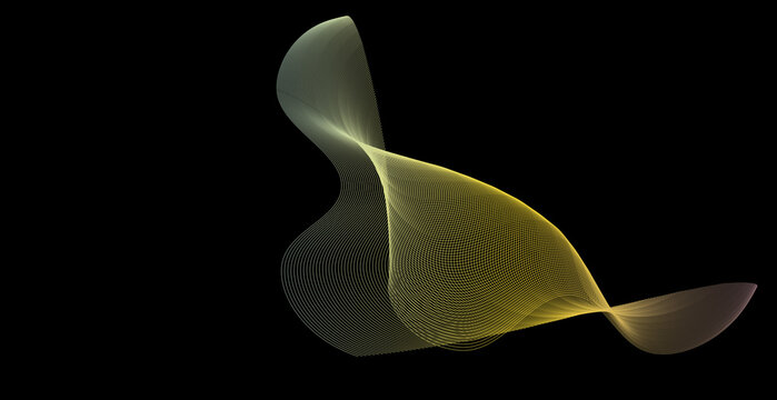 Abstract yellow and light green wave design made of thin flowing lines arranged in a complex geometric pattern against a deep black background for modern digital art creative concepts