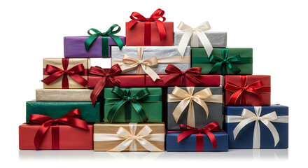 Fototapeta premium Stack of festive gift boxes in assorted colors with decorative bows presents christmas colorful