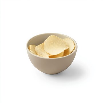 Beige Bowl Of Crispy Potato Chips On White Backgrounds