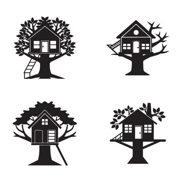 Treehouse tree house treehouse tree house treehouses treehouses treehouses treehouses on tree branches with leaves and windows  four black tree house silhouettes