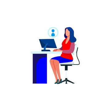Professional woman sitting at a desk working on a computer with a user profile icon, representing digital account management.