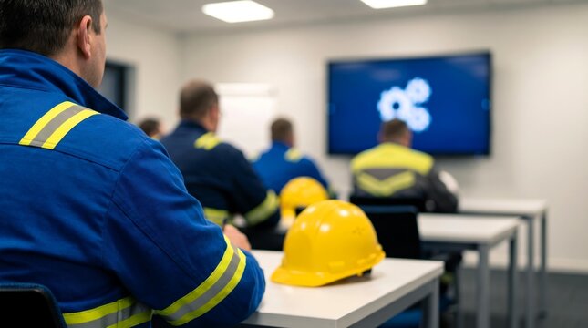 Professional worker in a blue reflective uniform attends a vital industrial training session, with a bright yellow hard hat resting on a desk.