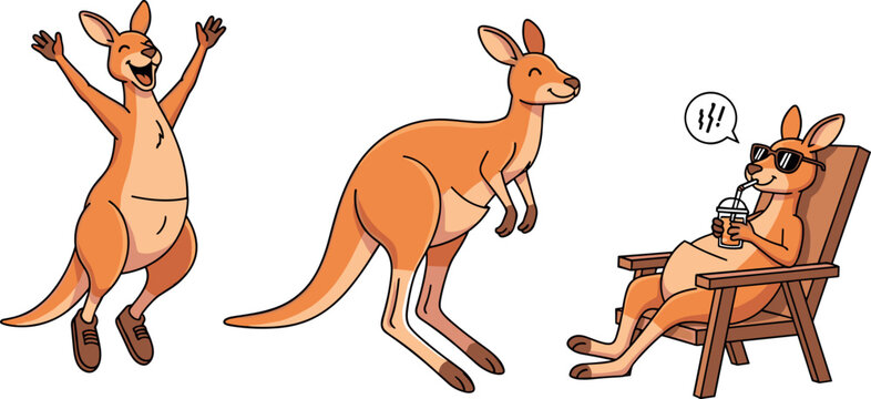 Cute cartoon Australian kangaroo vector character set featuring jumping standing and relaxing in chair with summer drink.