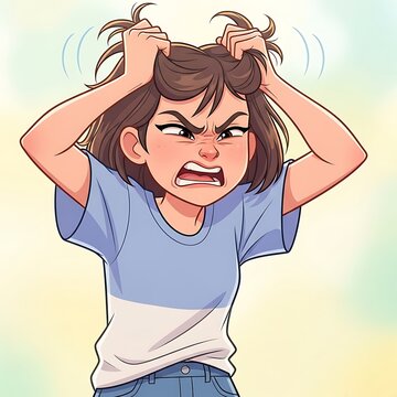 A frustrated girl pulls her hair in anger and exasperation indoors.