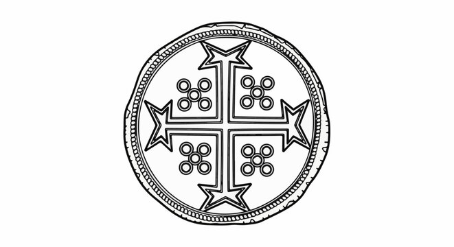 Ornate circular emblem with a cross and four clusters of circles