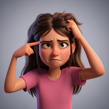 A cartoon girl with brown hair touches her head and points to her temple with a puzzled expression on her face.