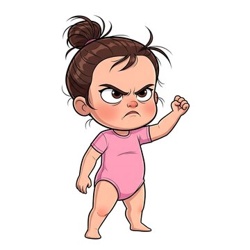 A cartoon illustration of an angry little girl with brown hair in a bun wearing a pink onesie and standing aggressively with her fist raised.