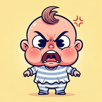 Angry baby with mohawk hairstyle expressing rage outdoors