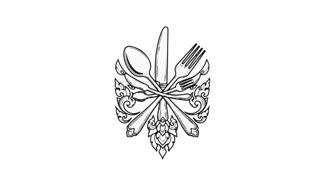 Ornate emblem of cutlery with decorative flourishes below