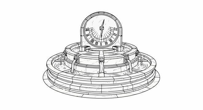 Ornate fountain with a sundial centerpiece and tiered water spouts