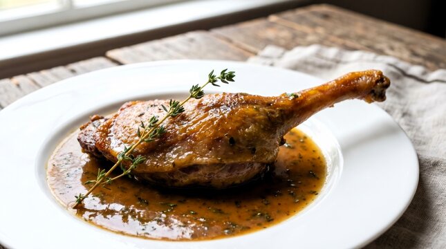 Perfectly roasted golden-brown duck leg confit, served with a rich savory sauce and fresh thyme sprig on a pristine white plate.