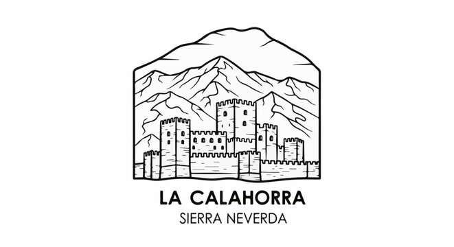 Outline of a castle with crenellated towers against a backdrop of jagged mountains
