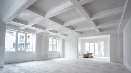 Fototapeta premium Interior Architectural Structure: An unfinished interior showcases a structural ceiling framework, providing a unique perspective and blank space for potential design elements.