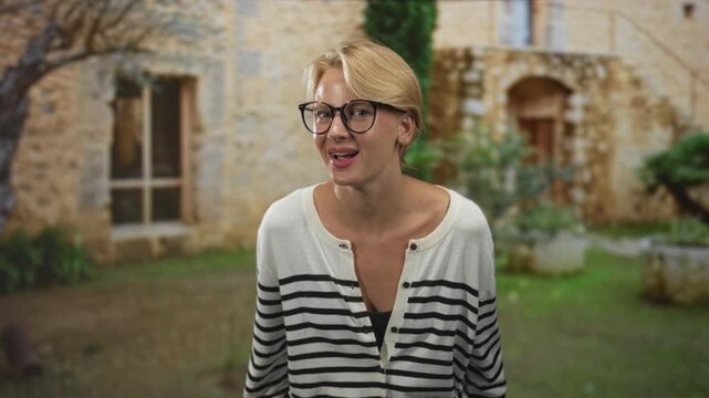 Woman with glasses and visible collarbone wearing a striped cardigan points index finger up while speaking and smiling in front of a stone building courtyard; playful advice.