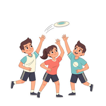 Three young kids playing ultimate frisbee with excitement and joy  