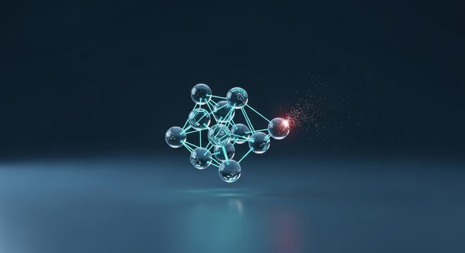 Minimal network node system 3D render, network topology visualization, node disconnection concept, signal loss and fragmentation, AI data network structure study