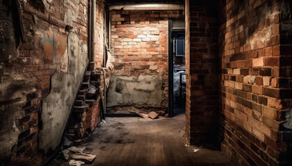 Fototapeta premium Dark, spooky hallway in abandoned old building generated by AI