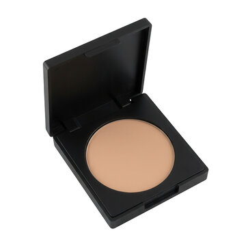 Open black compact powder case with beige makeup isolated on transparent background