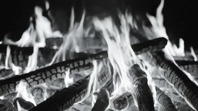 Black and white close up of a crackling campfire burning with dancing flames and glowing embers at night