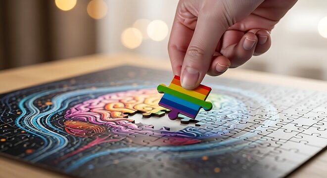 A hand places a rainbow puzzle piece on a colorful jigsaw puzzle on a table indoors.