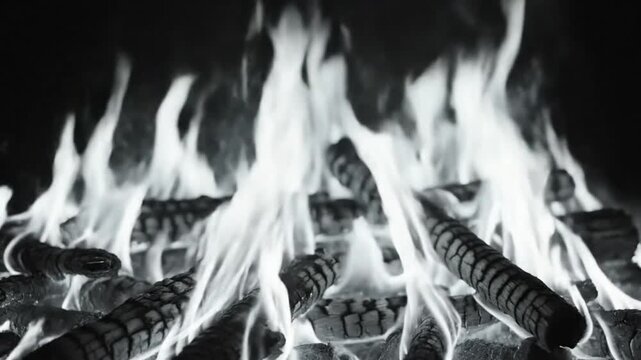 Black and white close up of burning logs with vibrant flames in a fireplace, creating warmth