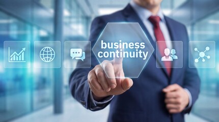 Fototapeta premium Business professional pressing virtual business continuity interface in modern office environment