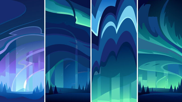 Abstract vertical panels display dynamic flowing shapes and colors reminiscent of the aurora borealis