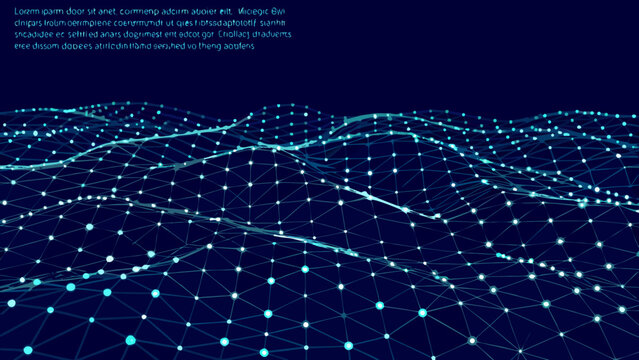 Abstract digital landscape featuring glowing blue lines and connected nodes on a dark background