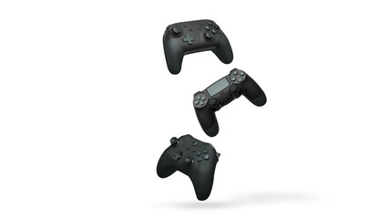 Wireless gaming controllers flying in air isolated on white background, symbolizing gaming technology concept © Vasyl Onyskiv