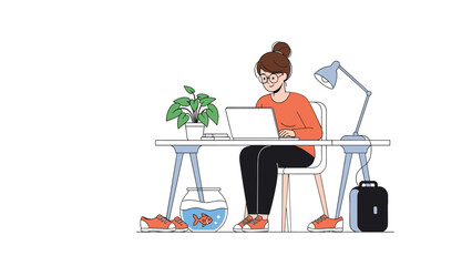 Fototapeta premium Woman wearing glasses and an orange shirt working on her laptop at a desk with a plant, lamp, and a goldfish in a fishbowl.
