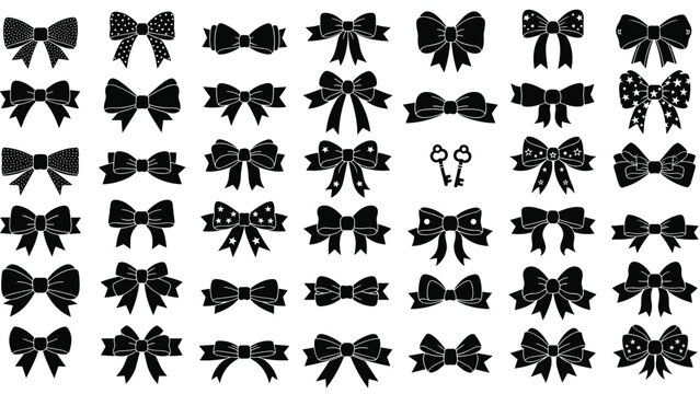 Symmetrical grid of various black silhouette ribbon bows with different patterns and a pair of crossed keys in the center.