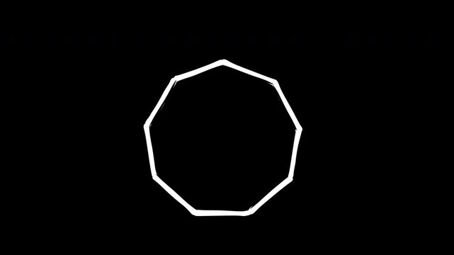 Hand-drawn white decagon outline animation with alpha channel