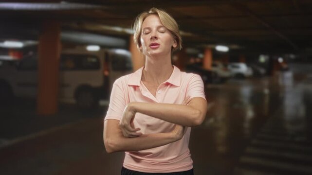 Woman looks up with arms crossed and tense expression near parked cars and concrete pillars in a dim parking building; solitude defiance.