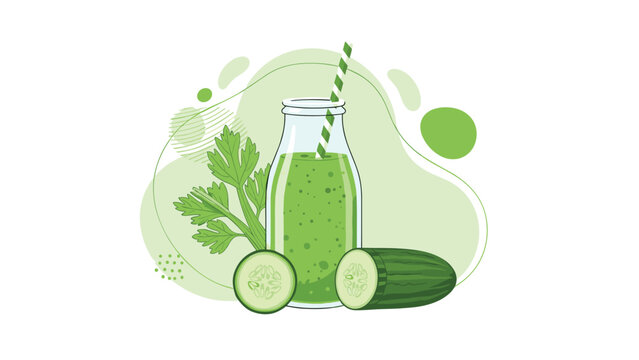 Fresh green smoothie in a glass bottle with a striped straw is surrounded by cucumber slices and celery stalks.