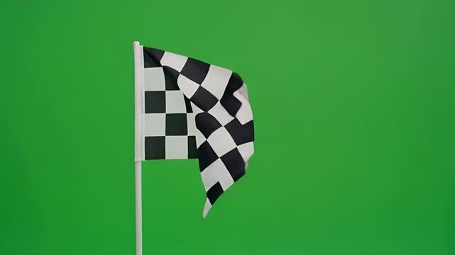 Waving checkered flag on green screen, racing finish line concept, chroma key background