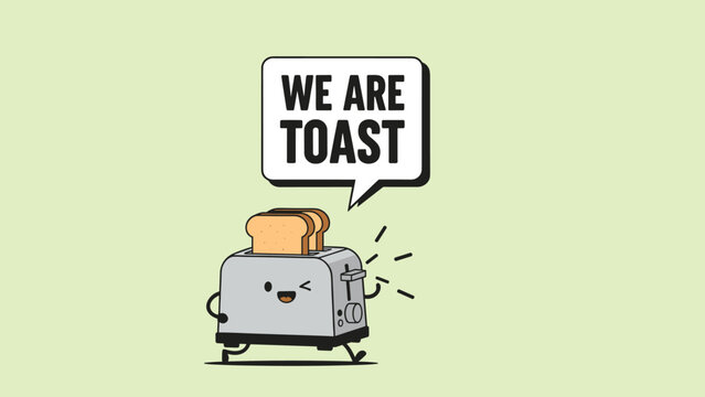 Playful illustration of a cute toaster character with a wink and two slices of bread accompanied by a speech bubble saying we are toast.