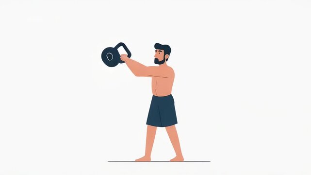 Animated man performing kettlebell swing workout, fitness and strength training illustration