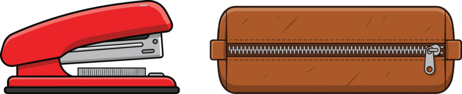Office Supplies Vector Set with Red Stapler and Pencil Case in Cartoon Style for School, Workplace, Stationery Design, and Everyday Object Illustration