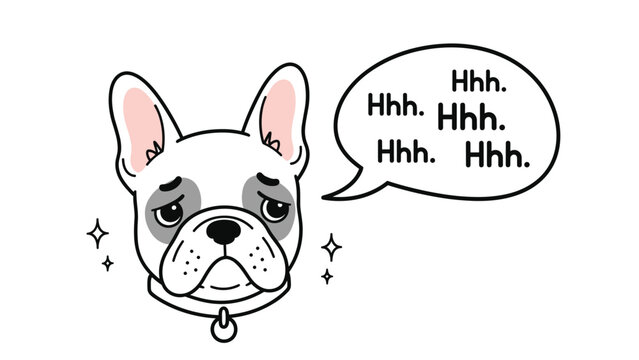 French bulldog cartoon illustration with tired expression and speech bubble showing heavy breathing sounds on white background.