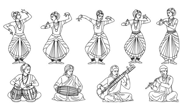 Indian dancers musicians line art vector traditional cultural illustration