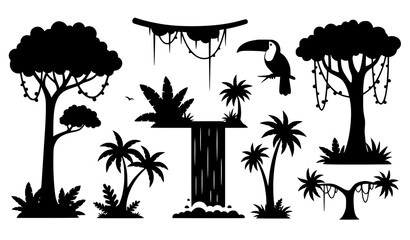 Tropical jungle vector silhouette set toucan trees waterfall vines © MstNadiya