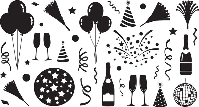 New Year's Eve Party Celebration Icons and Symbols