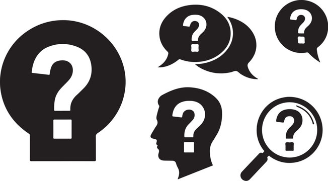 Question Marks and Human Heads in Black Icons