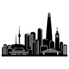 Obraz premium Seoul Skyline Silhouette: Iconic Korean Landmarks in Black and White Vector Art