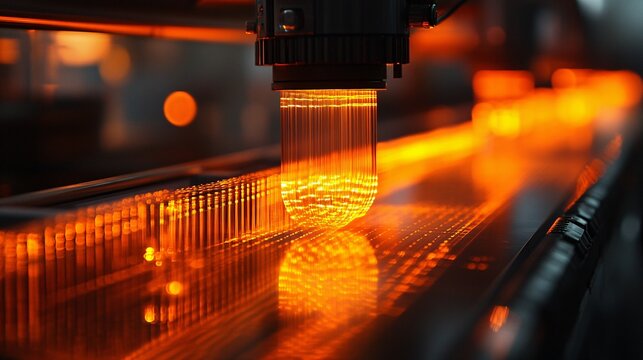 A close up of a cylindrical material sample being tested in a lab with an automated machine under warm orange industrial lighting highlighting precision manufacturing processes on a conveyor belt.