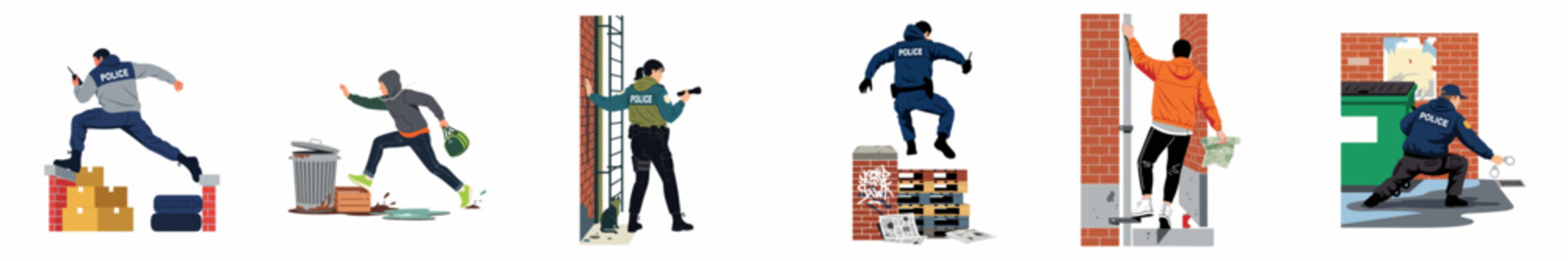 Vector illustration set of police officers chasing suspects through urban alleys, featuring high-action scenes with obstacles, handcuffs, and dark city environments.