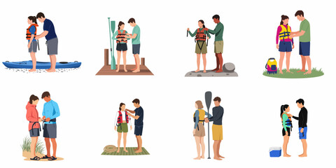 Fototapeta premium Illustration collection of couples preparing for water sports, featuring men helping women put on life jackets in various scenic outdoor locations.