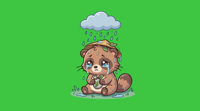 Sad Cartoon Tanuki Under the Rain Green Background