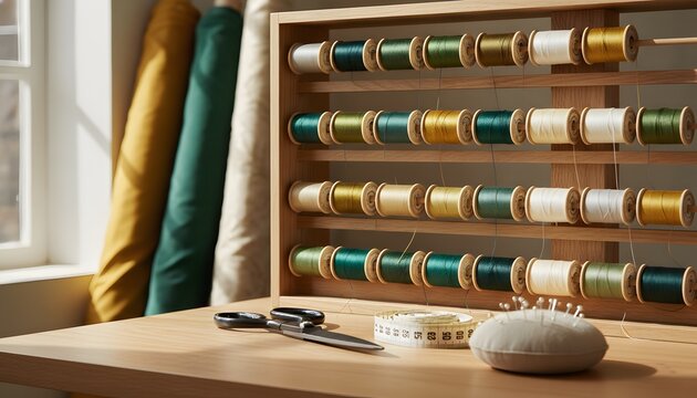 Colorful thread spools on a wooden sewing rack at a costume designer workstation with tailoring tools for a professional craftsmanship and textile art concept