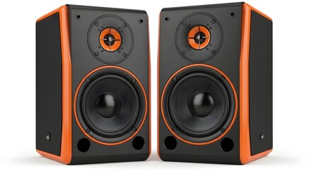 Fototapeta premium Pair of modern black and orange studio monitor speakers for audio production.